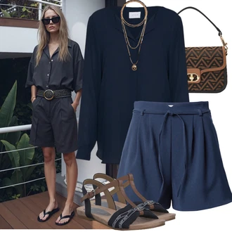 Outfit sa Tamnoplava Bluza s gumbom/Bluza koja se ne pegla/Slip-on Bluza/Bodija Bluze/Svilena bluza/Jednobojna Bluza/Poslovna Bluza/Bluza Dugih Rukava/Kožna jakna za muškarce/Bluza s Podignutim Ovratnikom Vila "Ljetni look za svaki dan"