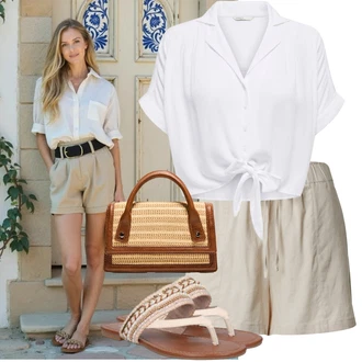 Kombinacije za ljeto Prekrasan sa Kaki/Bež/Smeđa Lanene kratke hlače/Musselin Kratke Hlače studio select, Siva/Bijela/Krem Bluza i Tunika/Bluza Veći Broj Only "Ljetni look za svaki dan"Look: Rap, Vanjski, cool, Sveučilišna, Prekrasan, Ležerno, Stil, Šik, Elegantan, klasický, Old Money