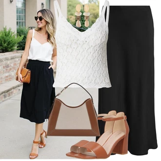 Kombinacije za ljeto Prekrasan sa Narandžasta/Smeđa Sandala na Petu/Sandalice s blok petom/Sandala s petom About You "Ljetni look za svaki dan"Look: cool, Prekrasan, Old Money, Besprijekorno, Vintage, Elegantan, Šik