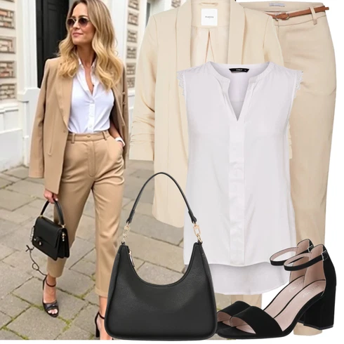 Kombinace Béžová/Khaki Kalhoty s Vysokým Pasem/Skinny Kalhoty/Obleková Kalhoty/Business Kalhoty/Twillová Kalhoty/Úzká Kalhoty/Ležérní Kalhoty/Kalhoty se Štěrbinou B.young kombinovat s Bílá/Šedá/Hnědá Halenka Móda Pro Plnoštíhlou/Tunika Only