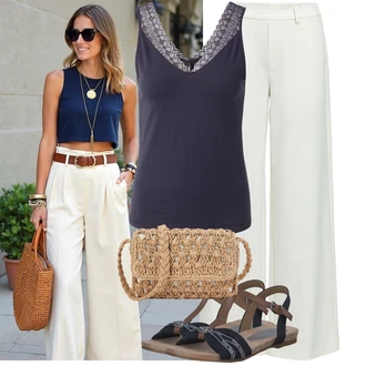 Koncer Outfit sa Svjetlozelena/Siva/Kaki/Bež/Krem/Bijela Hlače s Prorezom/Culotte Hlačice/Marlene Hlača/Široka Hlača/Hlače Visokog Struka Object "Lijepi ljetni look"Look: Škola, Brvnare, Festival, dan na plaži, Koncer