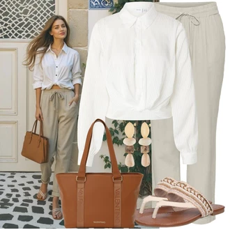 Outfit sa Kaki/Smeđa/Bež Hlače Ležerna Hlača/Naborane Hlače/Lanene Hlače/Hlače od muslina/Paperbag Hlača/Slip-on Hlača/Ravna Hlača VERO MODA "Praktičan look"