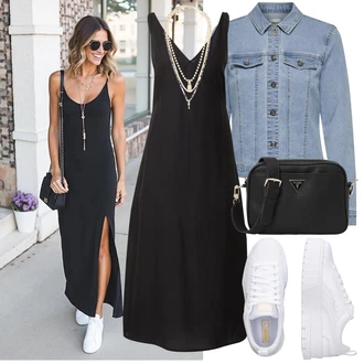 Outfit s Černá/Šedá Šaty na tenké ramínko/Pouzdrové Šaty/Šaty s Kapsou/Šaty s Rozparkem/Midi Šaty/Šaty v Délce do Lýtka/Maxi Šaty/Šaty Na Ramínko/Žerzejové Šaty/Dlouhé pletené šaty/Šaty Bez Rukávů/Šaty S Rovným Střihem about you x marie von behrens "Praktický vzhled"