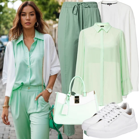 Kombinace Léto Zelená/Světle zelená/Tyrkysový Kalhoty s Vysokým Pasem/Plážová Kalhoty/Culotte Kalhoty/Dlouhá Kalhoty/Mušelínové kalhoty/Palazzo Kalhoty/Paperbag Kalhoty/Široká Kalhoty trend alaçatı stili