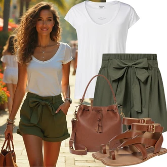 Outfit s Tmavě zelená/Khaki/Šedá/Béžová/Hnědá Košile Pytlovitý Šortky/Šortky/Mušelínové Šortky/Cargo Šortka/Chino Kraťasy/Lněný kraťas/Bermuda temu "Módní letní vzhled"