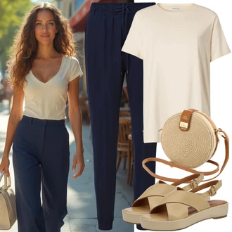Outfit sa Tamnoplava/Plava Paperbag Hlača/Hlače Visokog Struka/Marlene Hlača/Palazzo Hlača/Široka Hlača/Hlače od muslina JdY "Modni ljetni izgled"