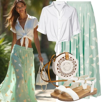 Koncer Outfit sa Smeđa/Crvena/Bijela/Krem Sandalice s blok petom/Sandala s petom About You "Modni ljetni izgled"Look: Malle, Koncer, Vjenčanje, 30. rođendan, Festival, Gala