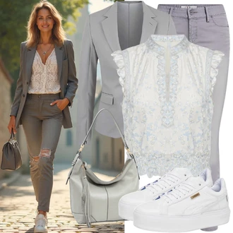 Outfit s Šedá/Světle šedá Motorkářské Džíny/High Waist Džínové Kalhoty/Džíny s Rozparkem/Kožená bunda/Sweat Džíny/Termální Džíny/Kožená Pánská Bund ONLY (tall) "Neutrální každodenní vzhled"