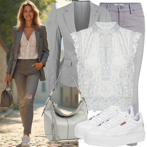 Kombinace Šedá/Béžová/Světle šedá Oblek Dlouhý Sako/Oversize Sako/Boyfriend Sako/Kostkované Sako Pieces