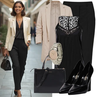 Outfit s Černá Sandál Na Podpatku/Sandál Na Širokém Podpatku/Bota Na Podpatku/Šněrovací Lodička/Sandál s podpatkem/Sandály na hřídeli/Lodička S Páskem/Páskový Sandál celena "Obchodní oblečení"