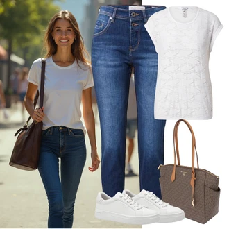 Outfit s Modrá/Tmavě modrá Slim Fit Džíny/Navlékací džíny/Sportovní boty/High Waist Džínové Kalhoty/Capri Džíny/Dámské Džíny s Délkou 7/8/Kožené Boty/Zkrácené Džíny/Džíny s Rozparkem/Kotníková Bota/Push up Džín/Zimní bunda Marc O'Polo "Outfit na léto"