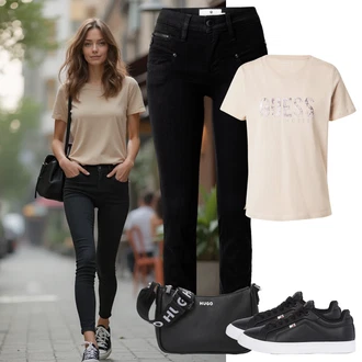 Outfit s Černá/Tmavě modrá/Bílá Slim Fit Džíny/Motorkářské Džíny/High Waist Džínové Kalhoty/Džíny s Rozparkem/Džíny s Nízkým Sedem/Push up Džín/Kožená bunda/Kožené Boty/Termální Džíny/Zimní bunda Freeman T. Porter "Outfit na léto"