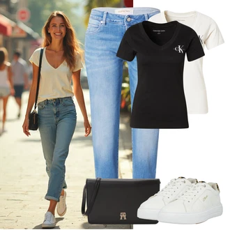 Outfit s Modrá/Světle modrá Slim Fit Džíny/Dámské Džíny s Délkou 7/8/Boyfriend Džínové kalhoty/Džíny s Nízkým Sedem/Capri Džíny/Zkrácené Džíny/Girlfriend Džíny/Kotníková Bota Gang "Outfit na léto"