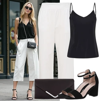 Outfit s Béžová/Khaki/Bílá/Krémová 3/4 Kalhoty/Bavlněná Kalhoty/Lněné Kalhoty/Navlékací Kalhoty/Mušelínové Kalhoty/Plážová Kalhoty/Culotte Kalhoty/Tradiční Kalhoty/Baggy Kalhoty Kaffe "Elegantní letní outfit"