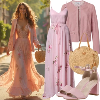 Poletne Outfiti Festival mit Roza Poletna obleka/Obleka z naborki/Obleka z eno ramo/Mulet obleka/Asimetrična Obleka AX Paris, Roza Sandala/Sandala s peto/Sandal z blok peto/Poletni Čevelj dgn "Poletna obleka"Look: Coachella, Malle, Vrtne zabave, Festival, Koncert, Gala, Jubilej, 30. rojstni dan, Rojstni dan