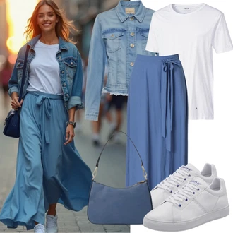 Rave outfit mit Modra/Svetlo modra/Bela Box jakna/Jakna iz Flisa/Snowboard Jakna/Vintage Jakna/Crop Jakna/Kratka Jakna DeFacto, Bela/Krem Superge Nizka/Platnena superga/Ozka superga/Usnjene superge/Plato-Sneaker Hugo, Modra/Svetlo modra Denim Krilo/Vintage denim krilo Pinko "Poletne obleke"Look: Koncert, Rave, Šola, Dan plaže, Pop koncert, 40. rojstni dan, Bar, Poroka, Pogreb, Jubilej, Electro, Materinski dan