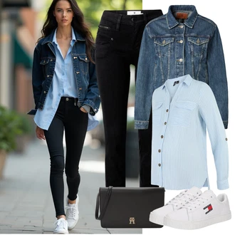 Outfit s Černá/Tmavě modrá/Bílá Slim Fit Džíny/Motorkářské Džíny/High Waist Džínové Kalhoty/Džíny s Rozparkem/Džíny s Nízkým Sedem/Push up Džín/Kožená bunda/Kožené Boty/Termální Džíny/Zimní bunda Freeman T. Porter "Perfektní na léto"