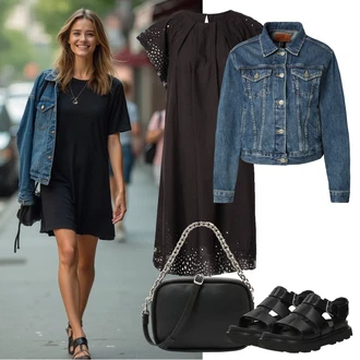 Poletne Outfiti Festival mit Črna/Temno rjava/Rjava Poletna obleka/Bluza & Tunika/Bluza Obleka/Bombažna Obleka/Francoska obleka/Obleka matičnega urada/Oprijeta obleka/Smock obleka/Tunika obleka Freequent, Črna Rimski sandal/Ribiška sandala UGG "popoln poletni videz"Look: Bar, Odra, Komunija, Koncert, Koče, Festival, Gala, Materinski dan, Silvestrovo, Posebni dogodki, Coachella, Malle, Vrtne zabave, 30. rojstni dan