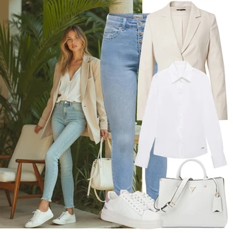Športno outfit mit Bela/Roza/Krem Čevlj Usnjene superge/Superge Nizka/Plato-Sneaker/Ozka superga/Poletne superge Guess "popoln poletni videz"Look: Estetski, Okus slabih, Modernen, Športno, Unisex, Univerzitetni