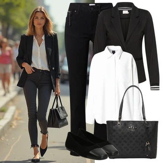 Outfit s Černá Skinny Kalhoty/Úzká Kalhoty/Business Kalhoty/Zimní Kalhoty/Kalhoty Bootcut/Ležérní Kalhoty/Kalhoty se Štěrbinou/Střmenová Kalhoty/Obleková Kalhoty/Strečová Kalhoty/Dlouhá Kalhoty/Rovná Kalhoty Pulz Jeans "Elegantní letní outfit"