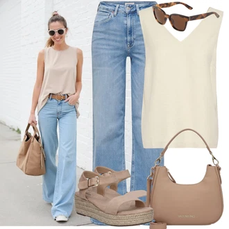 Outfit s Khaki/Béžová/Bílá/Krémová/Hnědá Tričko & Top Móda Pro Plnoštíhlé/Pletenina veľkej veľkosti/Tunika Kaffe "Outfity na každý den"