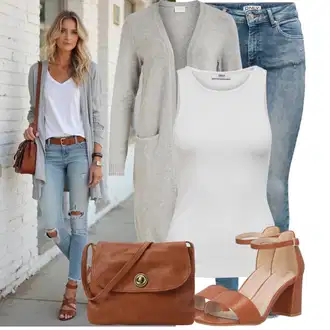 Kombinacije za ljeto Prekrasan sa Narandžasta/Smeđa Sandala na Petu/Sandalice s blok petom/Sandala s petom About You "Sommer Look für den Alltag"Look: cool, Prekrasan, Old Money, Besprijekorno, Vintage, Elegantan, Šik
