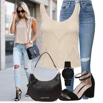 90-ich Outfit sa Svjetloplava/Plava rupa hlača/Traper Tajice/Jeggings Only "Jedinstveni outfit za slobodno vrijeme"Look: Stil, Rap, Old Money, 90-ich, moderne, Disko, cool