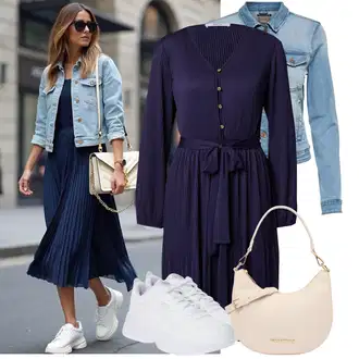 Dugački rukavi Outfit sa Tamnoplava/Plava Haljina Veći Broj/Tunika/Pletivo Veći Broj About You "Jedinstveni outfit za slobodno vrijeme"
