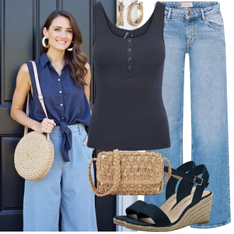 Slim fit Outfit sa Plava/Tamnoplava Grafička majica/Muške cipele/Top Bez Rukava Pieces "Ljetni look za svaki dan"