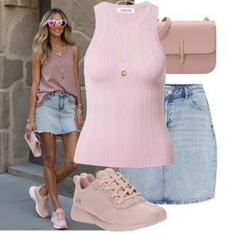 Outfity pro léto Koncert s Světle modrá/Modrá Džínová Sukně/Džínová vintage sukně/Krátká Sukně Vila, Růžová Bota na fitness/Běžecká bota/Gymnastická bota/Tréninková bota Skechers "Hezký letní vzhled"Look: Bar, Koncert, Chatky, Oktoberfest, Škola, Matriční úřad, Den na pláži, Galavečer, Výročí, Valentýn
