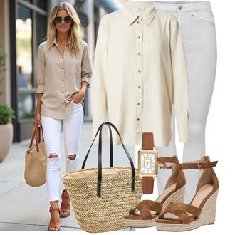 Koncer Outfit sa Siva/Bijela/Krem Skinny Hlače/Tajice s Prorezom/rupa hlača/Treggings/Traper Tajice/Jeggings/Hlače s Prorezom Only, Kaki/Bijela/Bež Bluza i Tunika/Bluza Veći Broj JdY "Lijepi ljetni look"Look: Škola, 18. rođendan, Koncer, Brvnare, dan na plaži