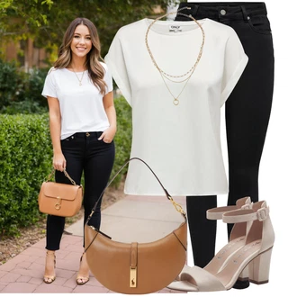 Koncer Outfit sa Crna Kožna Jakna/Bikerske Traperice/Traperice s Prorezom/Push-up Traperice/Kožne Cipele/High Waist Traperice/Termo Traperice Only, Smeđa/Bež Nekategorizirano "Lijepi ljetni look"Look: 18. rođendan, Koncer, Malle, Gala, Majčin dan, Fašnik