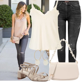 Outfit sa Smeđa/Kaki/Ljubičasta/Bež Sandalice s blok petom/Sandala s petom/Sandala s Remenčićem/Ljetna Cipela/cipela s remenom/Sandala s T Remenom Tamaris "Praktičan look"
