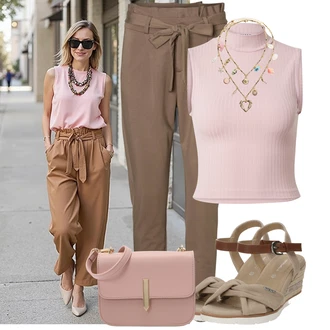 Kombinacije za ljeto Prekrasan sa Bež/Smeđa/Kaki Hlača Velika Veličina VERO MODA "Ljetni outfit za slobodno vrijeme"Look: Elegantan, Ležerno, Rad, Prekrasan, Old Money, Pametno ležerno, cool