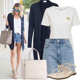 Outfit s Světle modrá/Modrá Košile Vysoký pas Kraťasy/Džínový Šortky/Bermuda Vila "Skvělý vzhled pro volný čas"