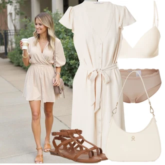 Elegantan Outfit sa Bež/Smeđa/Bijela/Kaki Haljina Veći Broj/Tunika About You "Moderan outfit za slobodno vrijeme"Look: Elegantan, 30-ih godina, 20-ih godina, Ured, Pomorski, Preodjeven, Sveučilišna