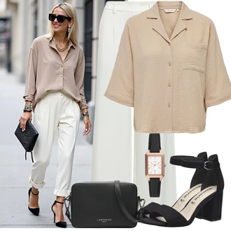 Maxi Outfit s Krémová/Šedá/Světle zelená/Khaki/Bílá/Béžová Široká Kalhoty/Palazzo Kalhoty/Kalhoty s Vysokým Pasem/Culotte Kalhoty/Kalhoty se Štěrbinou/Marlene Kalhoty Object "Skvělý vzhled pro volný čas"