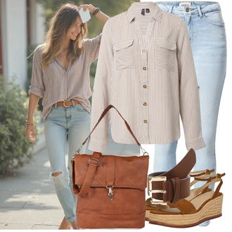 Hodanje Outfit sa Svjetloplava Skinny Hlače/rupa hlača/Jeggings/Traper Tajice Only, Bež/Smeđa/Kaki/Svjetlosiva Bluza Veći Broj VERO MODA, Smeđa/Bež Poslovna Torba/Torbica/Torba Za Laptop/Torba za rame/MacBook futrola/Ured Za Torbu/Torba Za Notebook About You "Jedinstveni outfit za slobodno vrijeme"Look: Hodanje, Razonoda, Jahanje, Bejzbol, Kuglanje