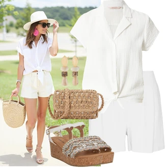 Pričest Outfit sa Bijela/Krem Bluza s Leptir Mašnom/Bluza s Mašnom/Bluza Kratkih Rukava/Omotana Bluza Only "Odličan look za slobodno vrijeme"Look: Potvrda, Krštenje, Pričest, Gala, Škola