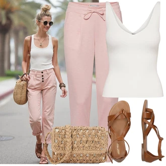 Outfit s Růžová 3/4 Kalhoty/Kalhoty s nášivkou uprostřed/Mušelínové kalhoty/Navlékací Kalhoty/Mrkvová Kalhoty/Jogger Kalhoty Ichi "Hezký outfit pro volný čas"