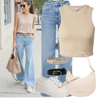 Bootcut/trapezice Outfit sa Svjetloplava Traperice Široke Nogavice/Ženske Traperice 7/8 Dužine/Dad Traperice/Traperice s Prorezom/Culotte Traperice/Vintage Traperice/Traperice Opuštenog Kroja/Trapez Traperice/Muška majica/Skraćene Traperice Only "Moderan outfit za slobodno vrijeme"