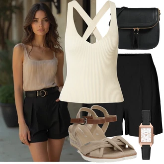 Outfit s Černá Košile Vysoký pas Kraťasy/Mušelínové Šortky/Pytlovitý Šortky/Šortky VERO MODA "Jedinečný volnočasový outfit"