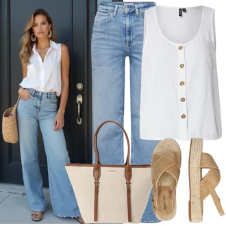 Bootcut/trapezice Outfit sa Svjetloplava Traperice Široke Nogavice/Ženske Traperice 7/8 Dužine/Dad Traperice/Traperice s Prorezom/Culotte Traperice/Vintage Traperice/Traperice Opuštenog Kroja/Trapez Traperice/Muška majica/Skraćene Traperice Only "Jedinstveni outfit za slobodno vrijeme"