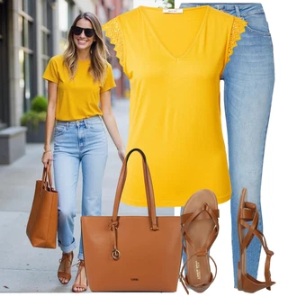 Kombinacije za ljeto Prekrasan sa Plava/Svjetloplava Jeggings/Traper Tajice/Skinny Hlače Only, Žuta Majica za plažu/Obični top/pletena košulja/Čipkasti Top/Party Top/Kratki top/Top Bez Rukava/Grafička majica/Muške cipele/Top za plažu/Tunika za Plažu About You, Bež/Smeđa Gladijator sandala/Vintage sandala/Ljetna Cipela/Sandala s Remenčićem/Rimska sandala/Sandala s T Remenom About You "Lijepi ljetni look"Look: Rap, Stil, Disko, cool, Prekrasan, Old Money, Besprijekorno, Rad, Običan, Talijanski, Španjolske, Ekstravagantno, Burleska, Ležerno, Elegantan