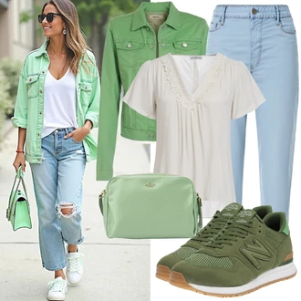 Měkké Outfit s Světle modrá/Světle šedá/Zelená/Světle zelená/Tmavě zelená/Khaki Manšestrová Bunda/Džínové Bund/Košilová bunda/Krátký Bund/Krátký Bund/Vintage Bund/Krátké Džínové Bundičky Oui "Stylová letní nálada"