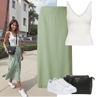 Outfit s Světle zelená/Tmavě zelená/Zelená Dlouhá Sukně/Sukně Pro Matriku/Sukně do Délky Lýtka/Maxi sukně/Midi Sukně/60tého Léta Sukně/Vintage sukně maxi/Moderní Sukně/Pletená sukně VERO MODA "Lehký outfit"