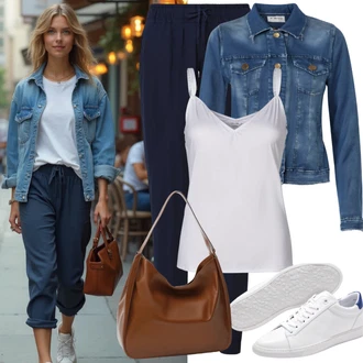 Velike velikosti outfit mit Modra/Svetlo modra Denim Jakna/Vintage Jakna/Kratka Denim Jakna answear lab, Bela/Rjava/Bež Majica za špagete/Čipkasta srajca/Bustier top/Čipkasti top/Crop Top Čipka Guess "Toller Look"