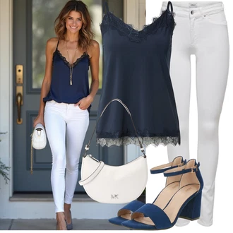 Outfit sa Tamnoplava/Plava Sandala na Petu/Sandalice s blok petom/Sandala s petom About You "Moderan outfit za slobodno vrijeme"