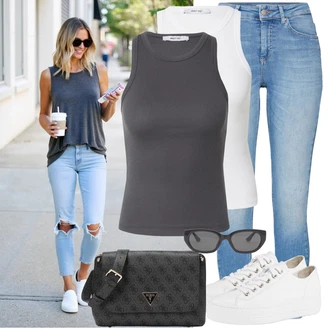 Outfit s Bílá/Krémová/Stříbrný Bota Nízká Teniska/Teniska na platformě/Kožené tenisky/Tenisky s Bočním Zipem/Úzká teniska/Plátěná teniska Paul Green "Módní outfit pro volný čas"