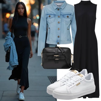 Outfit s Černá Žerzejové Šaty/Šaty v Délce do Lýtka/Dlouhé pletené šaty/Šaty S Rovným Střihem/Asymetrické Šaty/Šaty s Holým Zády/Midi Šaty/Šaty s Rozparkem Edited "Toller Look"